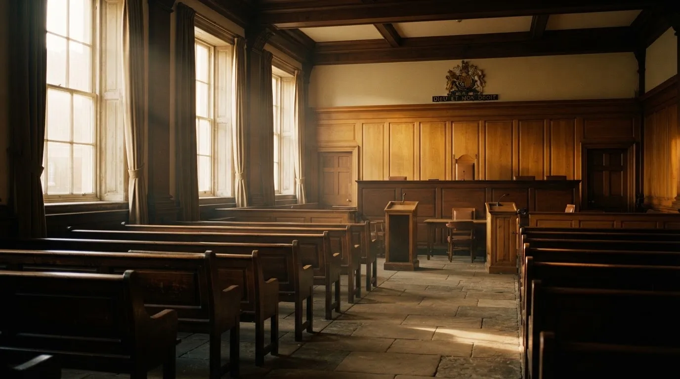 An empty courtroom with wooden benches in morning light