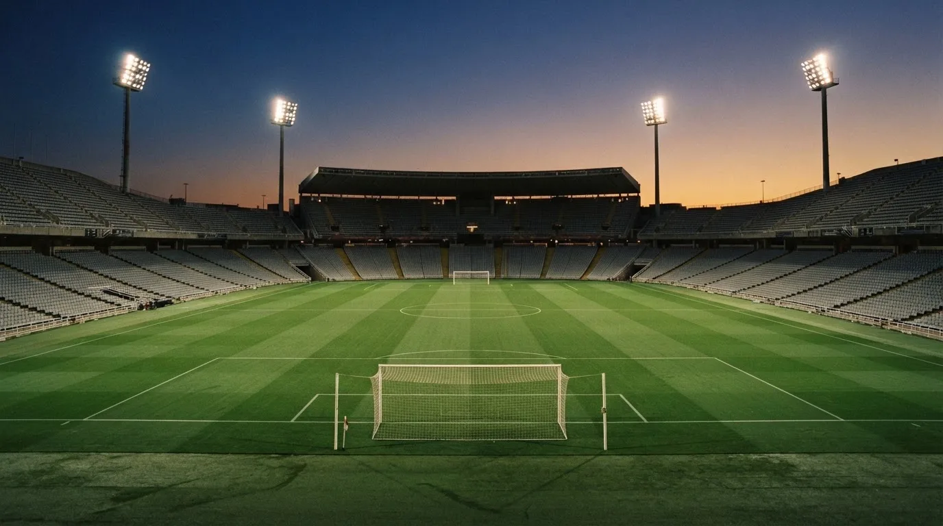 An empty football stadium with floodlight masts at dusk