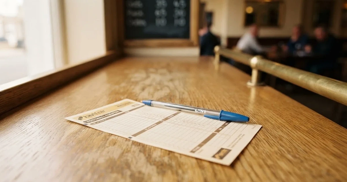 A blank paper betting slip beside a pen on a wooden counter