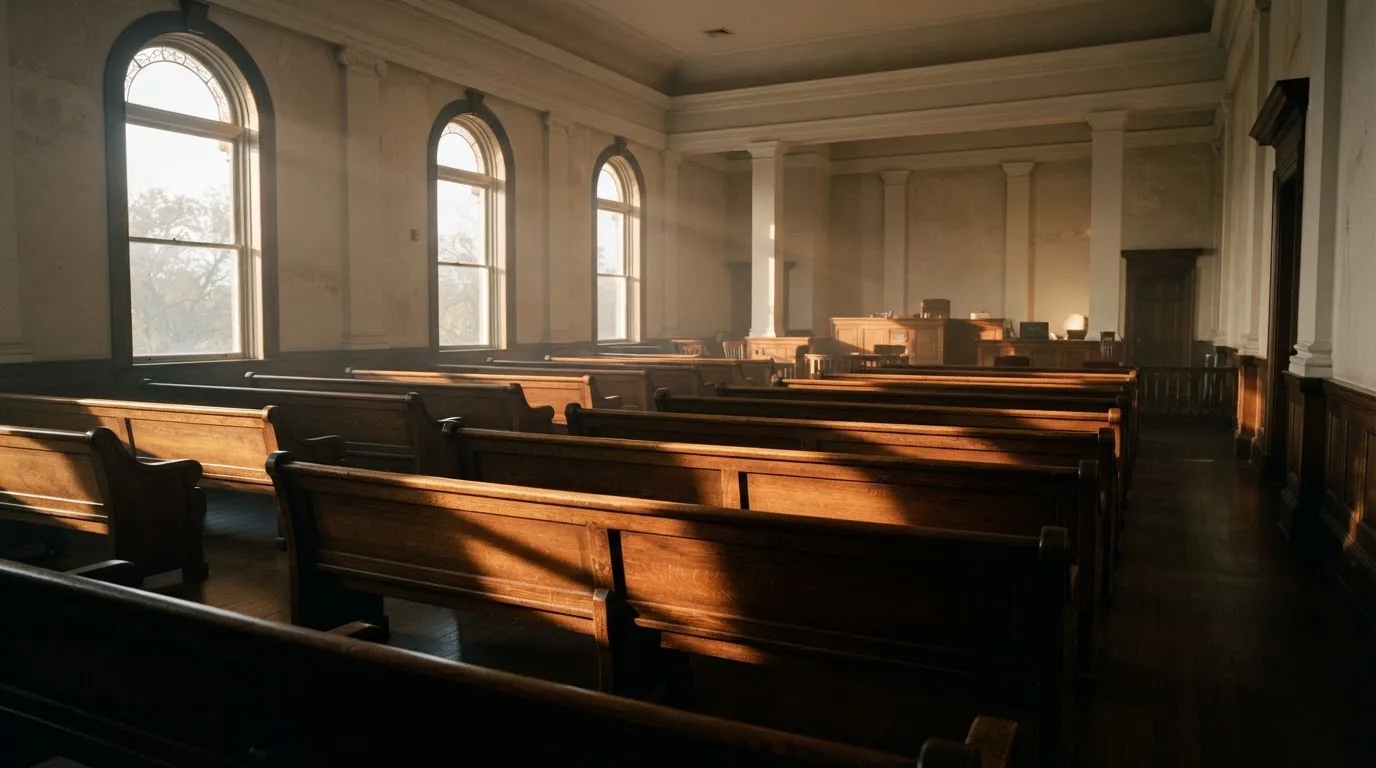 An empty courtroom with wooden benches in morning light