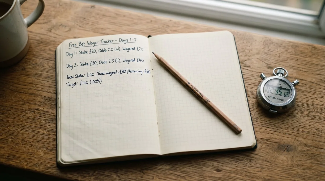 An open notebook with a pencil and a stopwatch on a wooden table