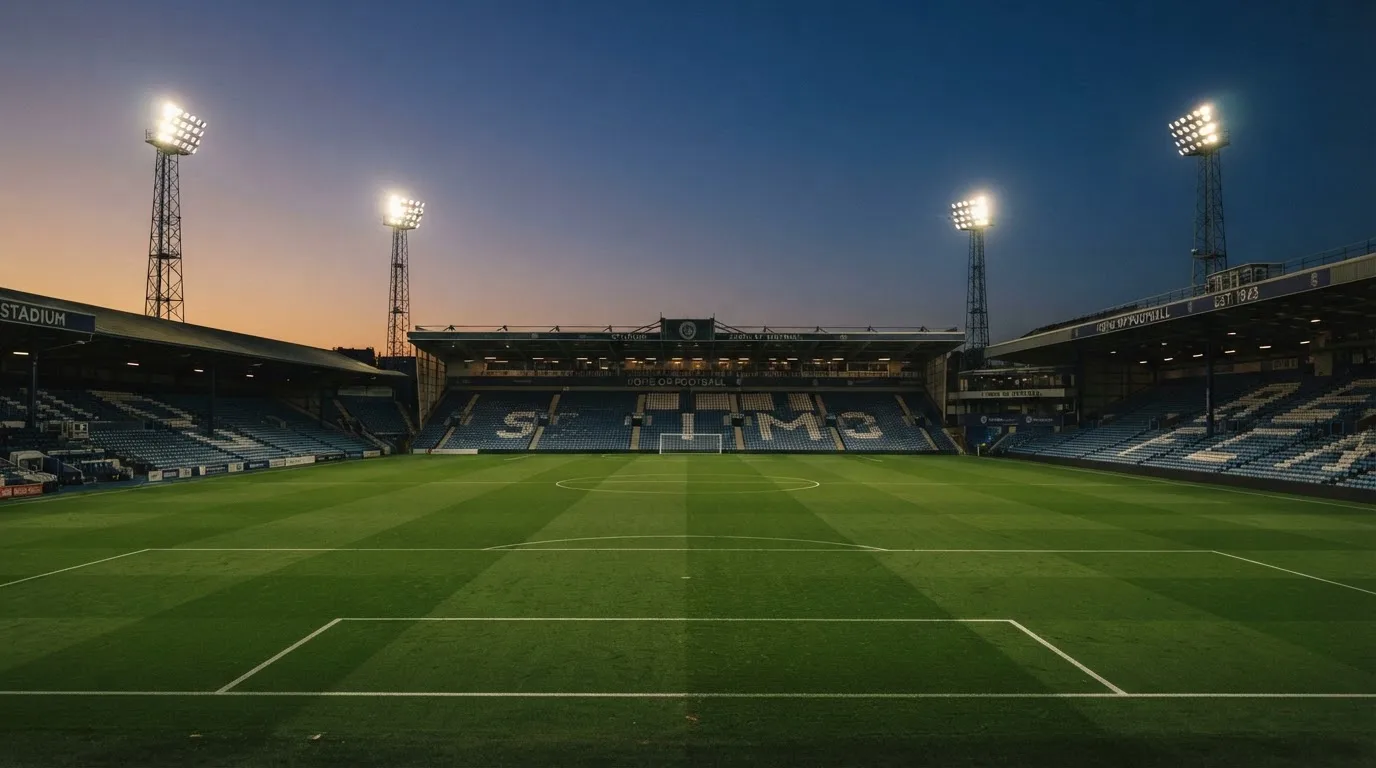 An empty football stadium with floodlight masts at dusk