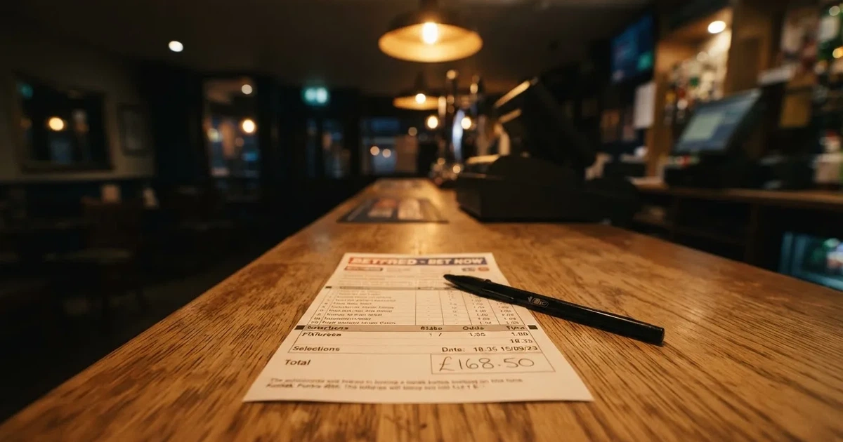 A blank paper betting slip beside a pen on a wooden counter