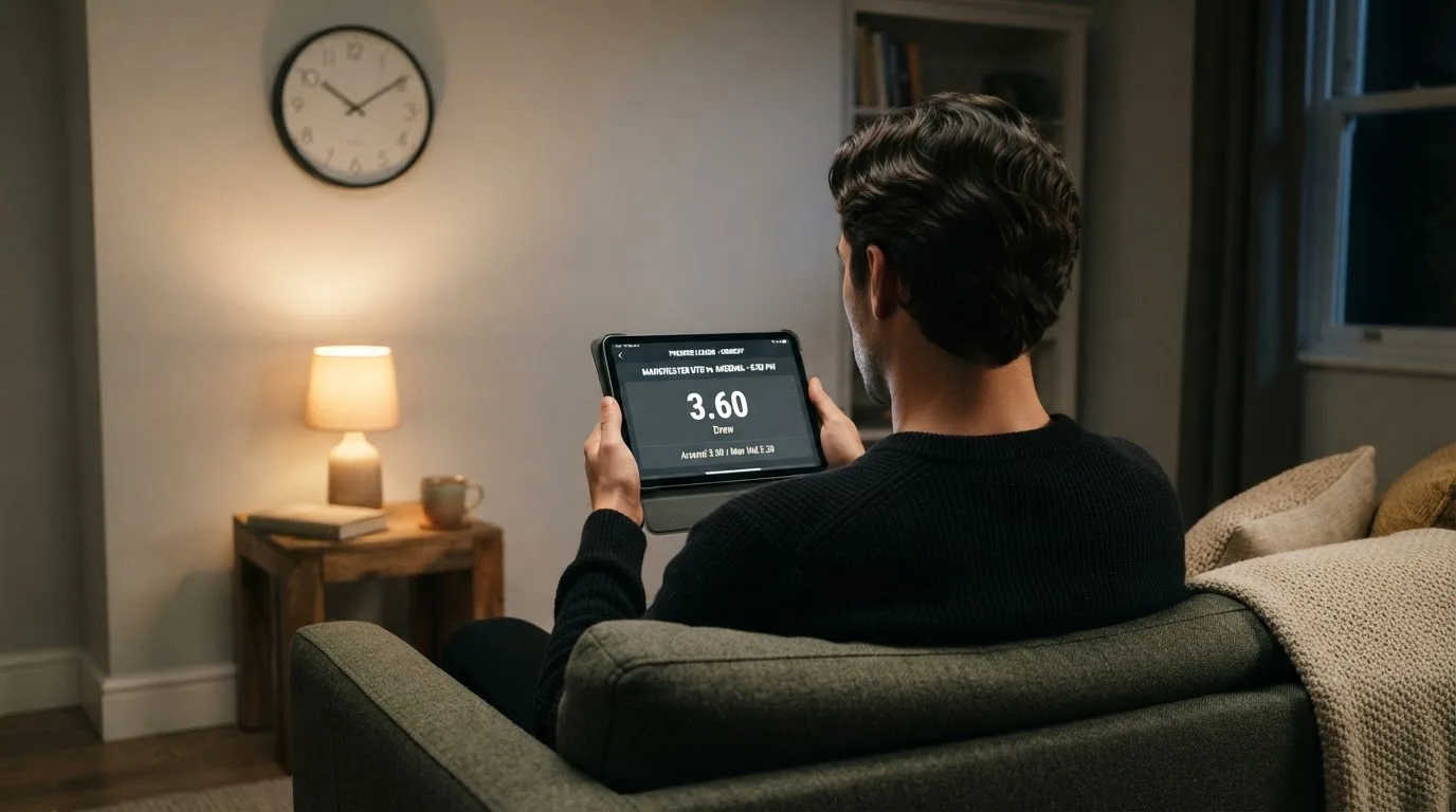 A person on a sofa looking thoughtfully at a tablet, a wall clock in the background