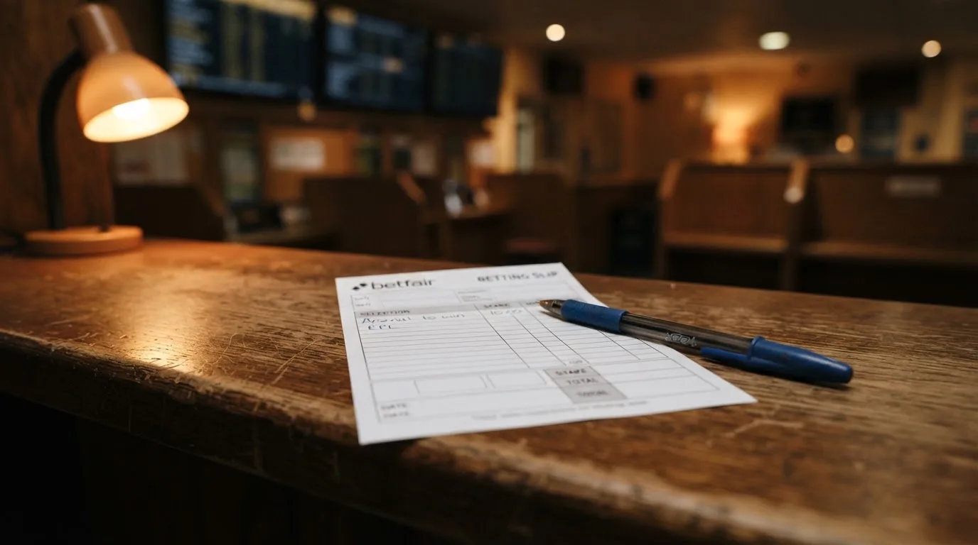 A blank paper betting slip beside a pen on a wooden counter