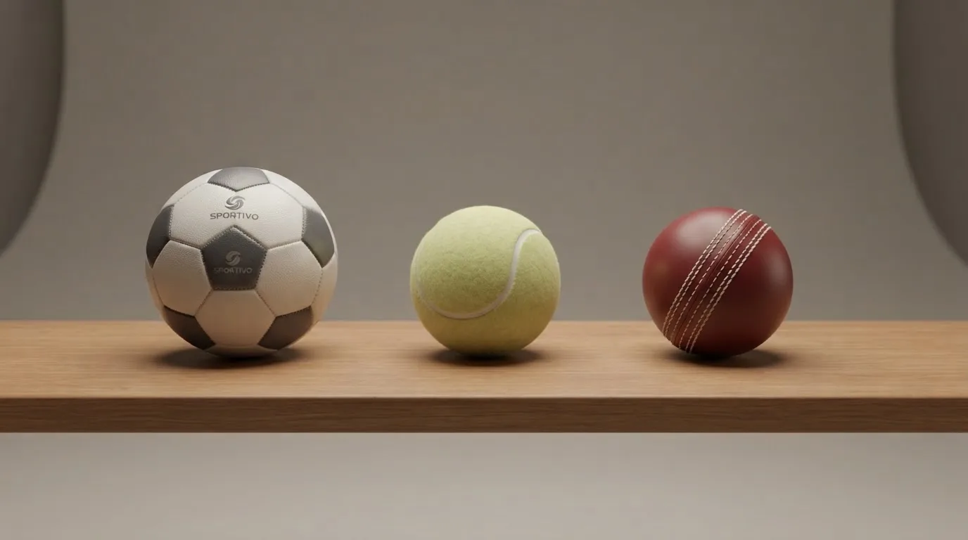 Three balls of different kinds side by side on a wooden bench