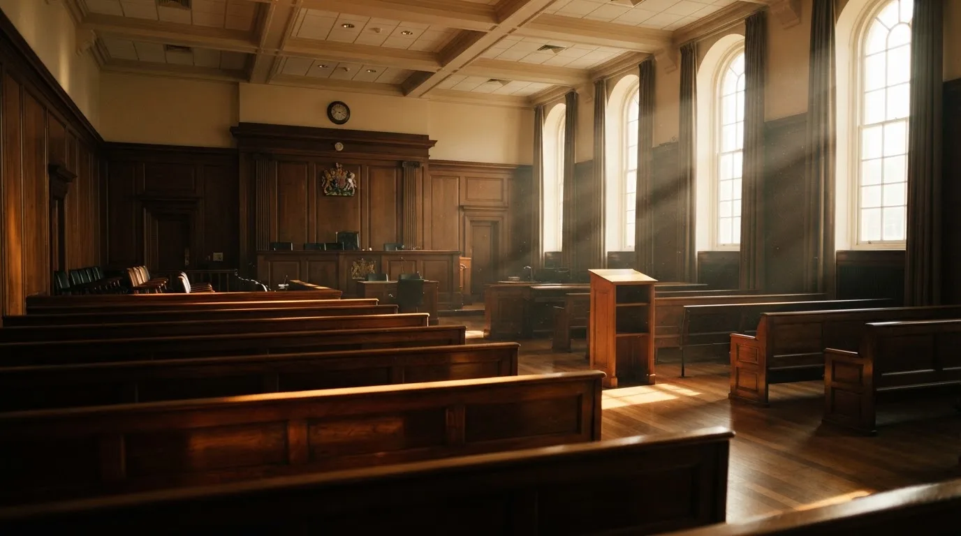 An empty courtroom with wooden benches in morning light