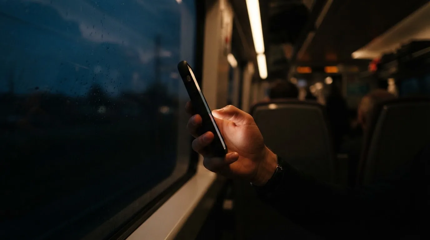 A hand holding a smartphone on a train in the evening, screen turned away