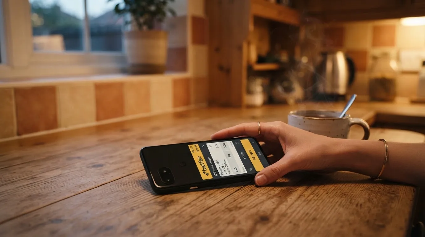 A hand setting a smartphone down beside a cup of tea on a kitchen table on a quiet evening
