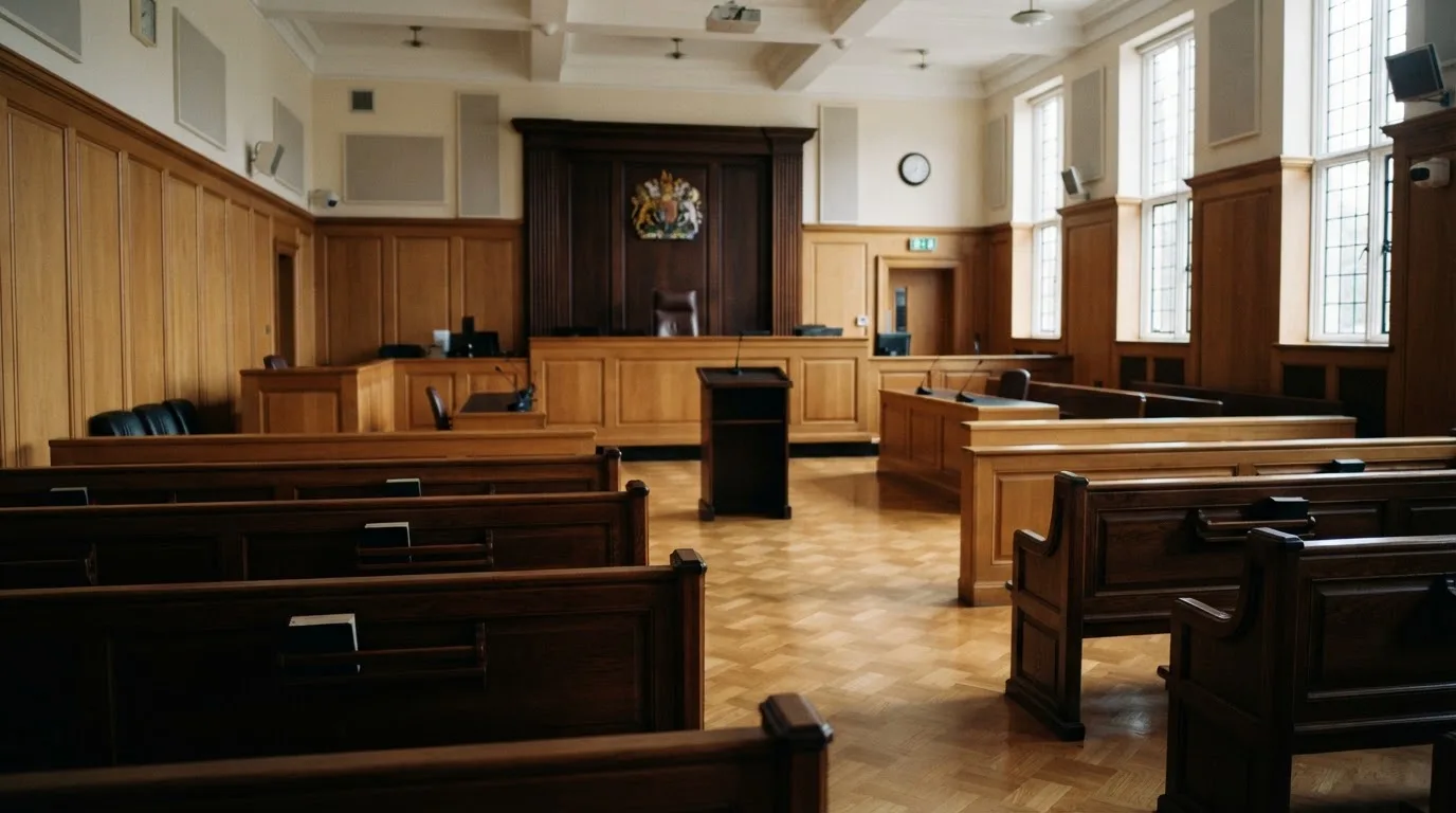 An empty courtroom with wooden benches in morning light