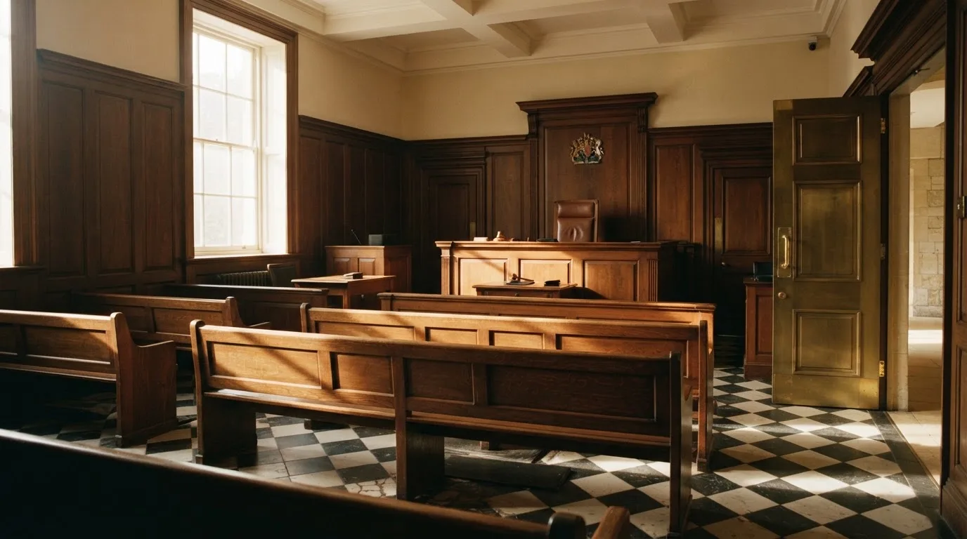 An empty courtroom with wooden benches in morning light