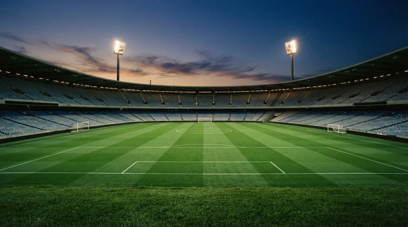 An empty football stadium with floodlight masts at dusk