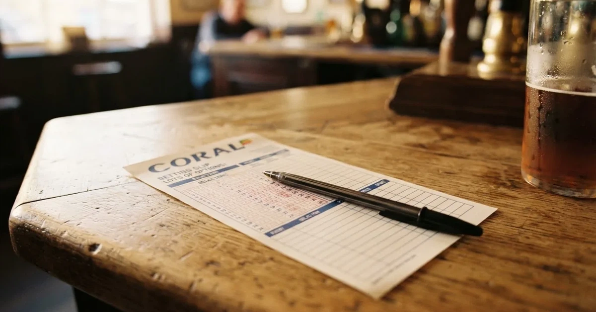 A blank paper betting slip beside a pen on a wooden counter