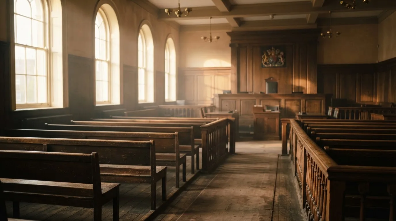 An empty courtroom with wooden benches in morning light