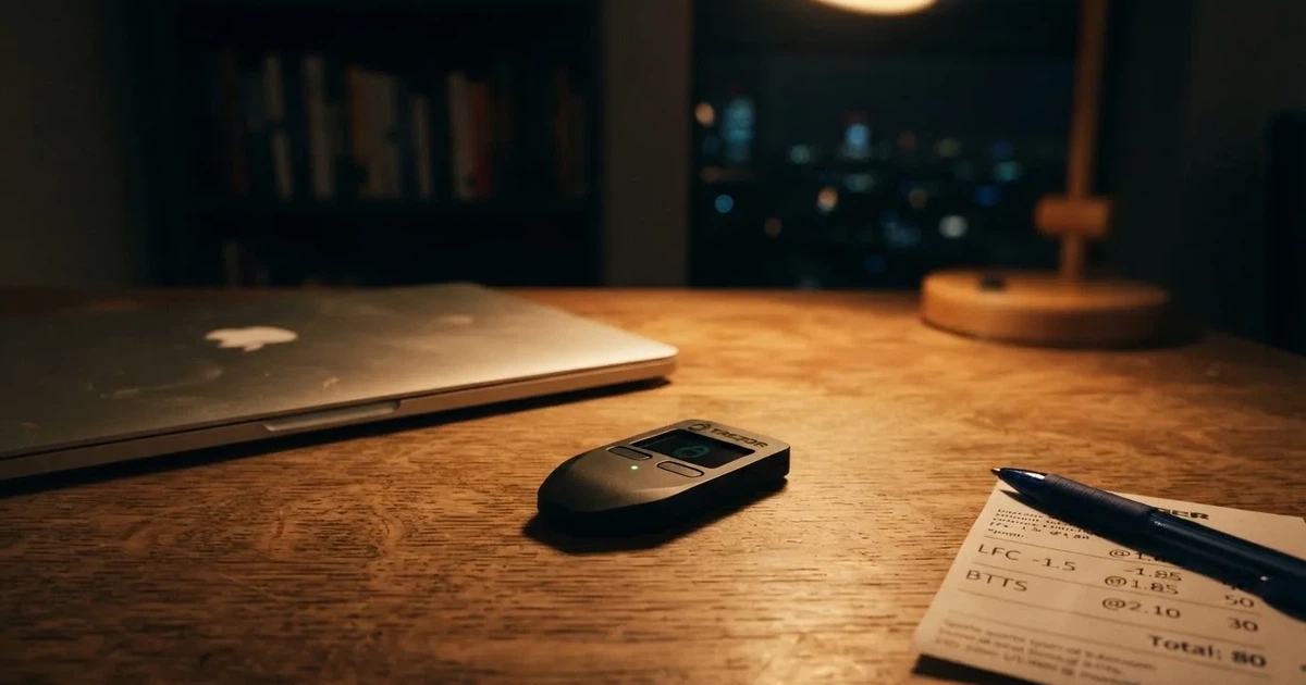 A hardware wallet and a closed laptop on a desk in dim light