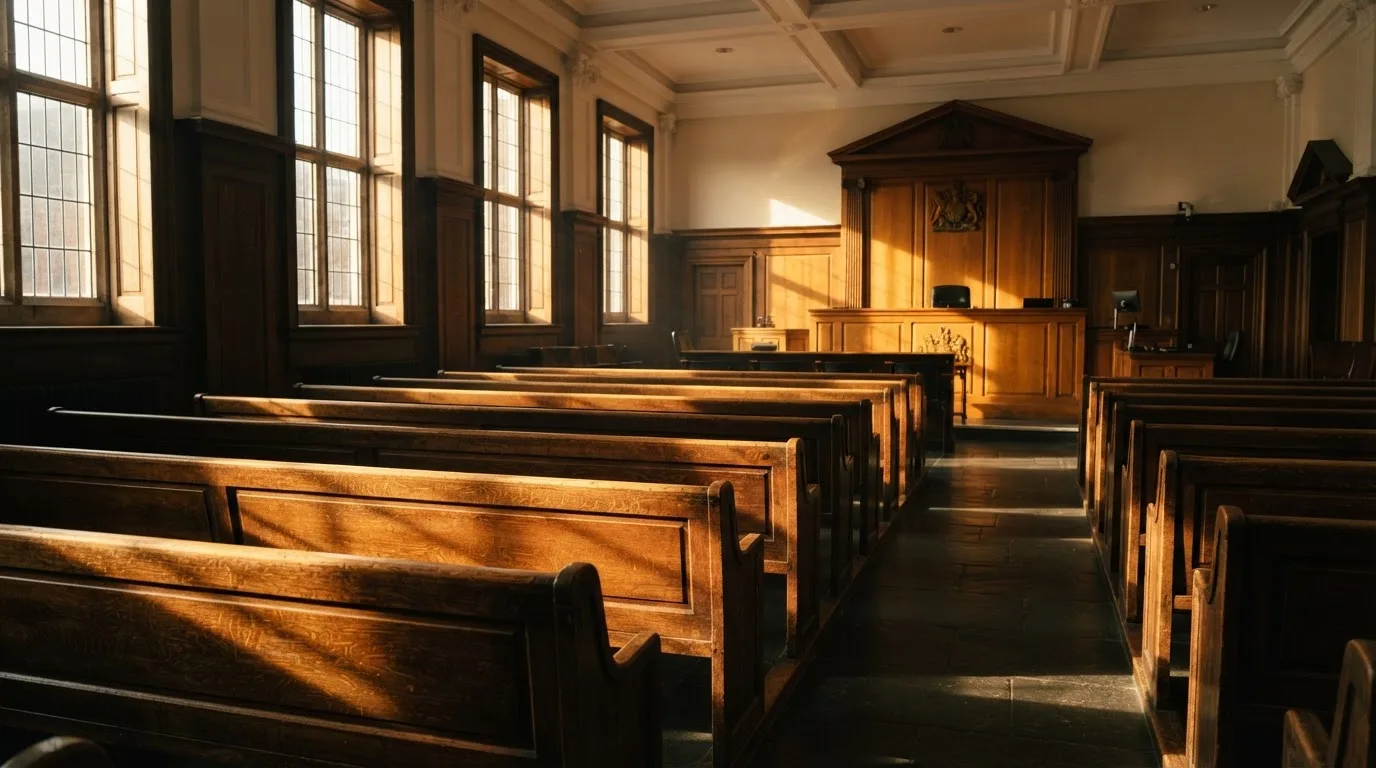 An empty courtroom with wooden benches in morning light