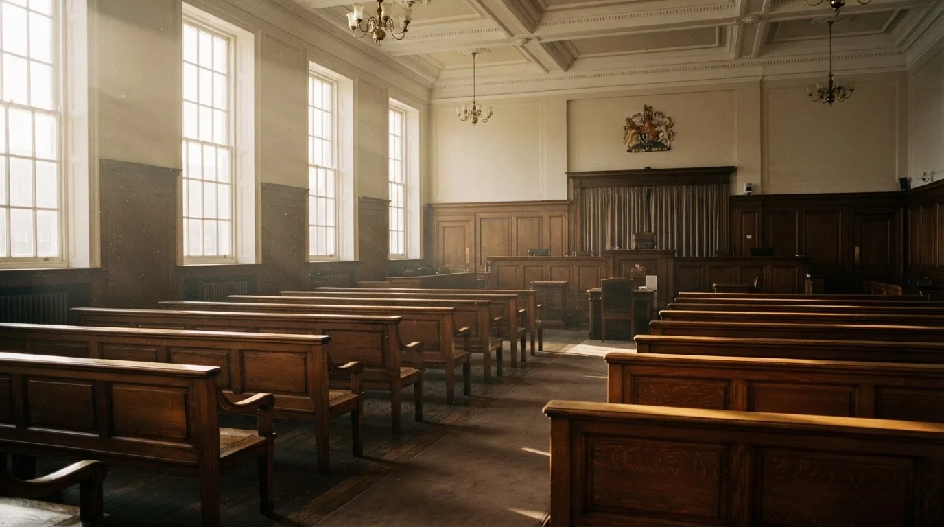 An empty courtroom with wooden benches in morning light
