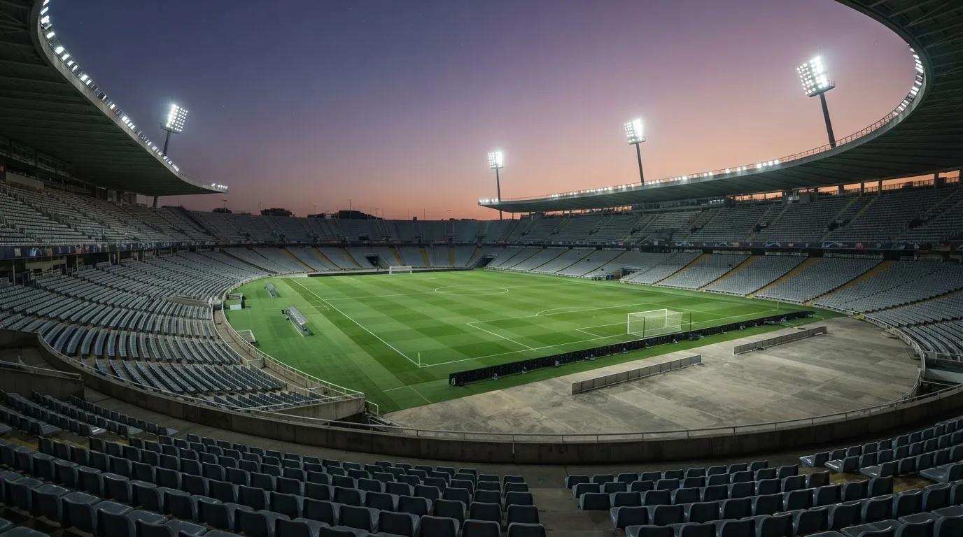 An empty football stadium with floodlight masts at dusk