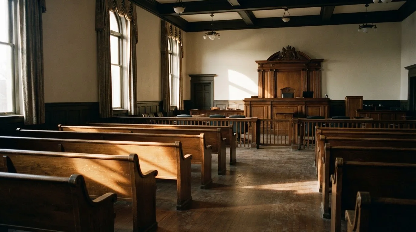 An empty courtroom with wooden benches in morning light