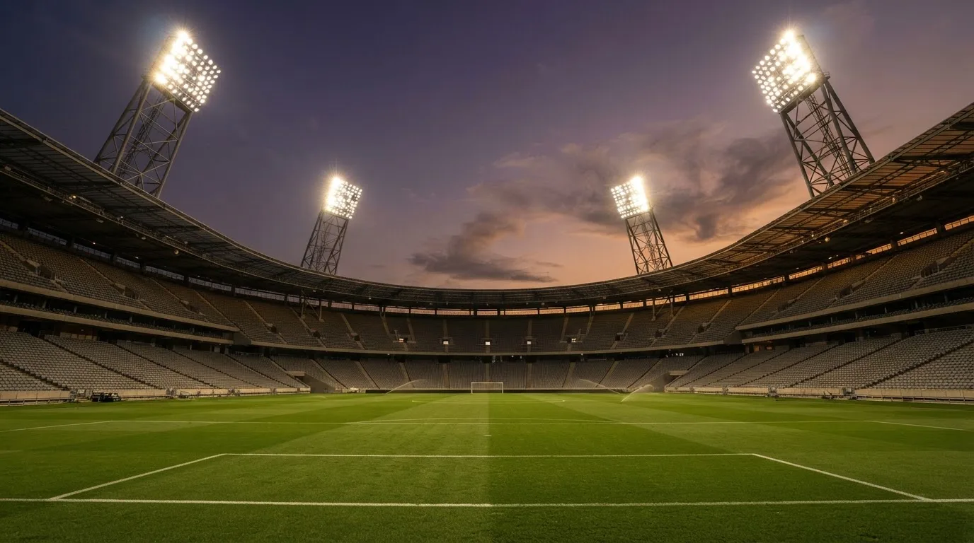An empty football stadium with floodlight masts at dusk