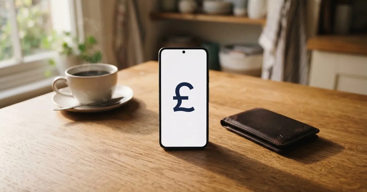 A smartphone on a wooden table beside a wallet and a coffee cup