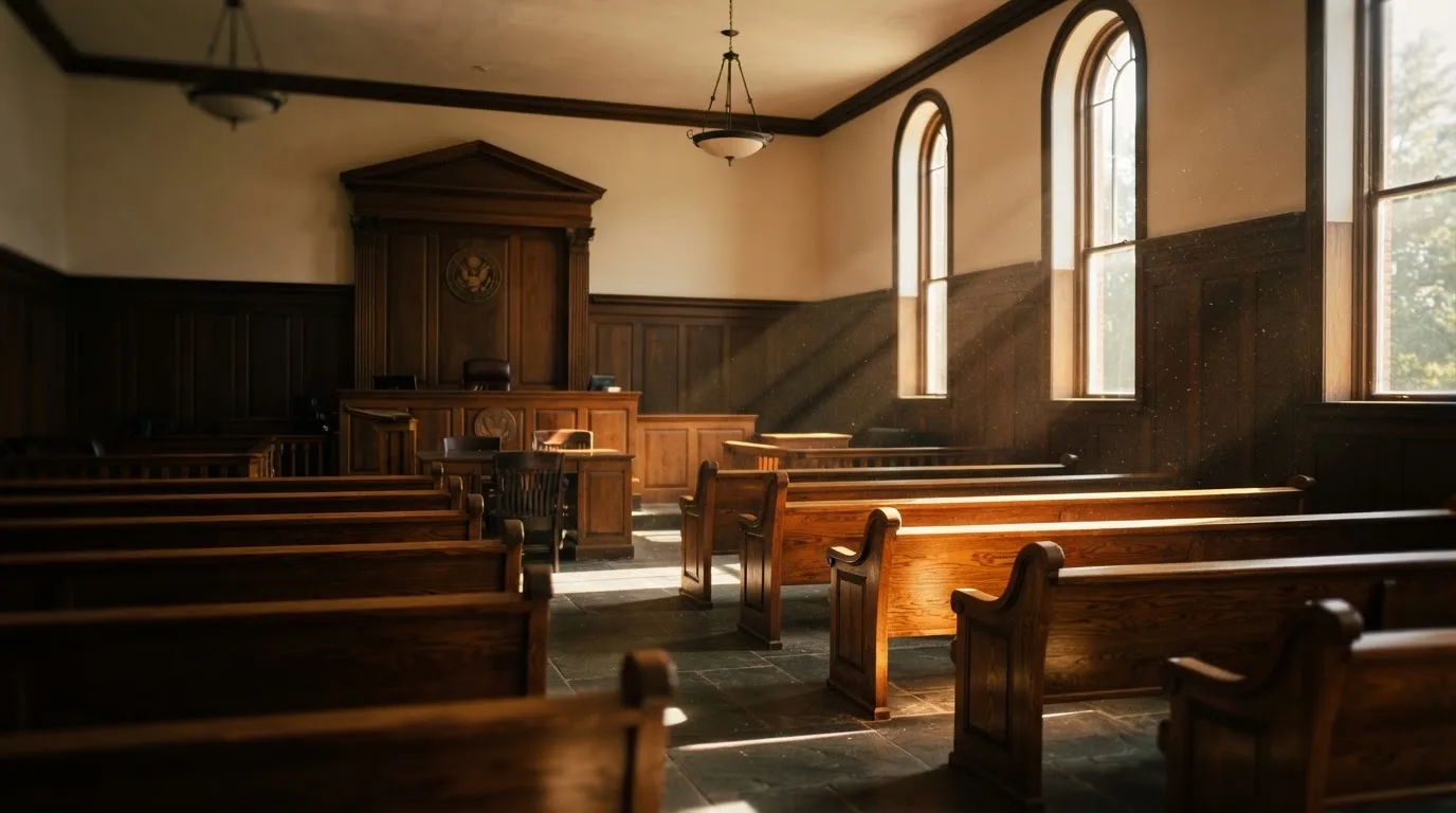 An empty courtroom with wooden benches in morning light