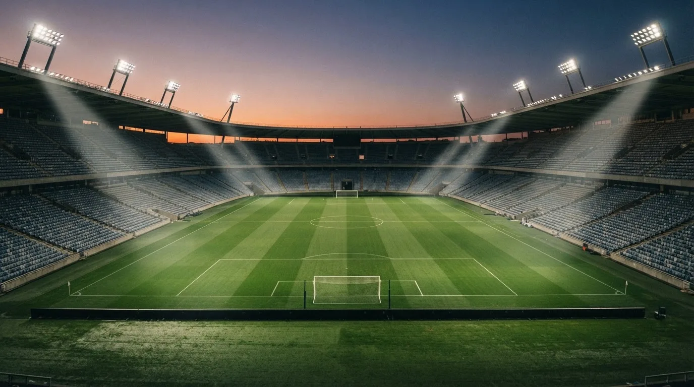 An empty football stadium with floodlight masts at dusk