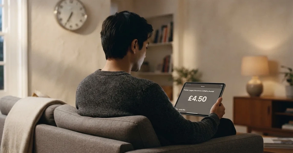 A person on a sofa looking thoughtfully at a tablet, a wall clock in the background