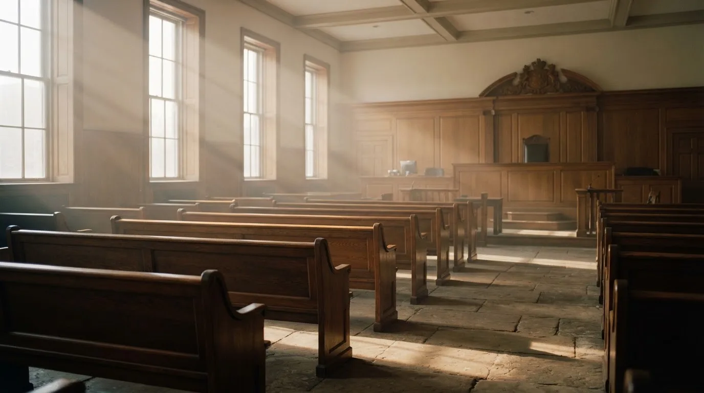 An empty courtroom with wooden benches in morning light