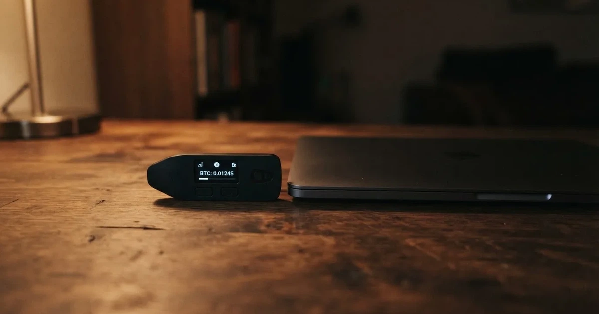 A hardware wallet and a closed laptop on a desk in dim light