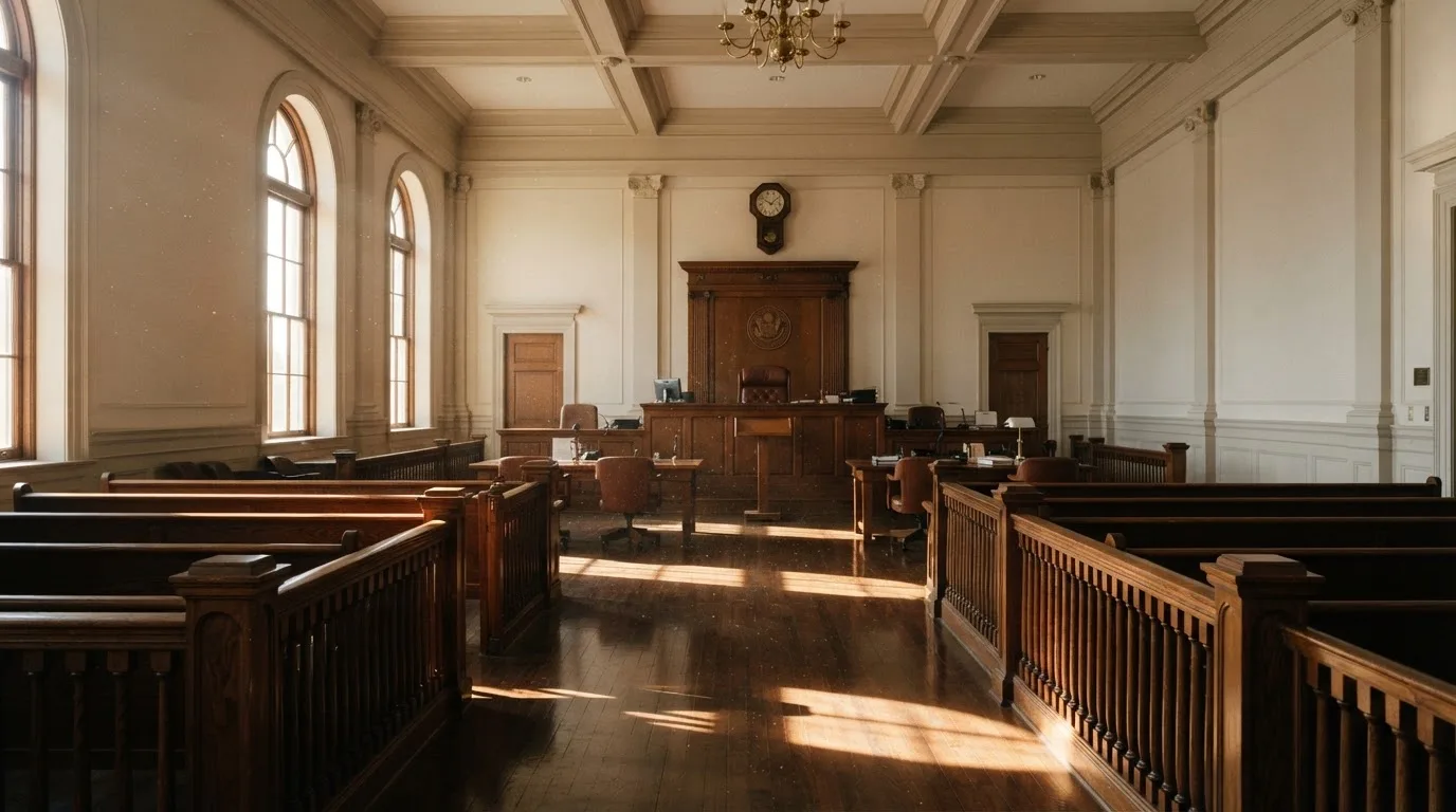 An empty courtroom with wooden benches in morning light