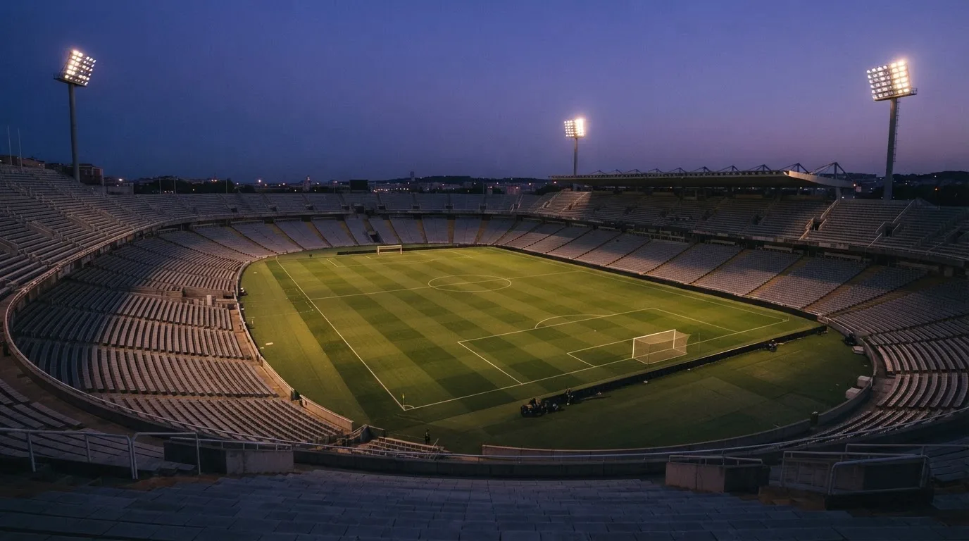 An empty football stadium with floodlight masts at dusk