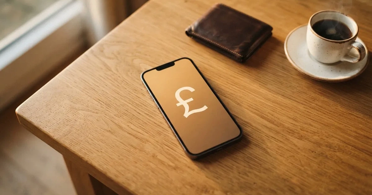 A smartphone on a wooden table beside a wallet and a coffee cup