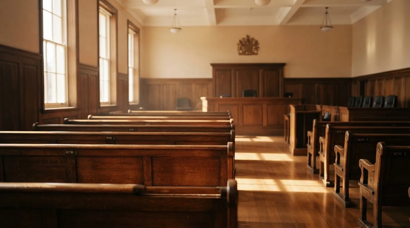 An empty courtroom with wooden benches in morning light
