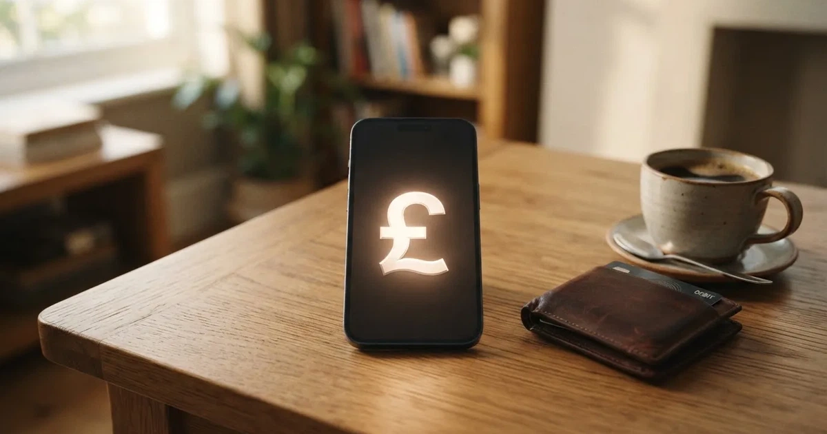 A smartphone on a wooden table beside a wallet and a coffee cup