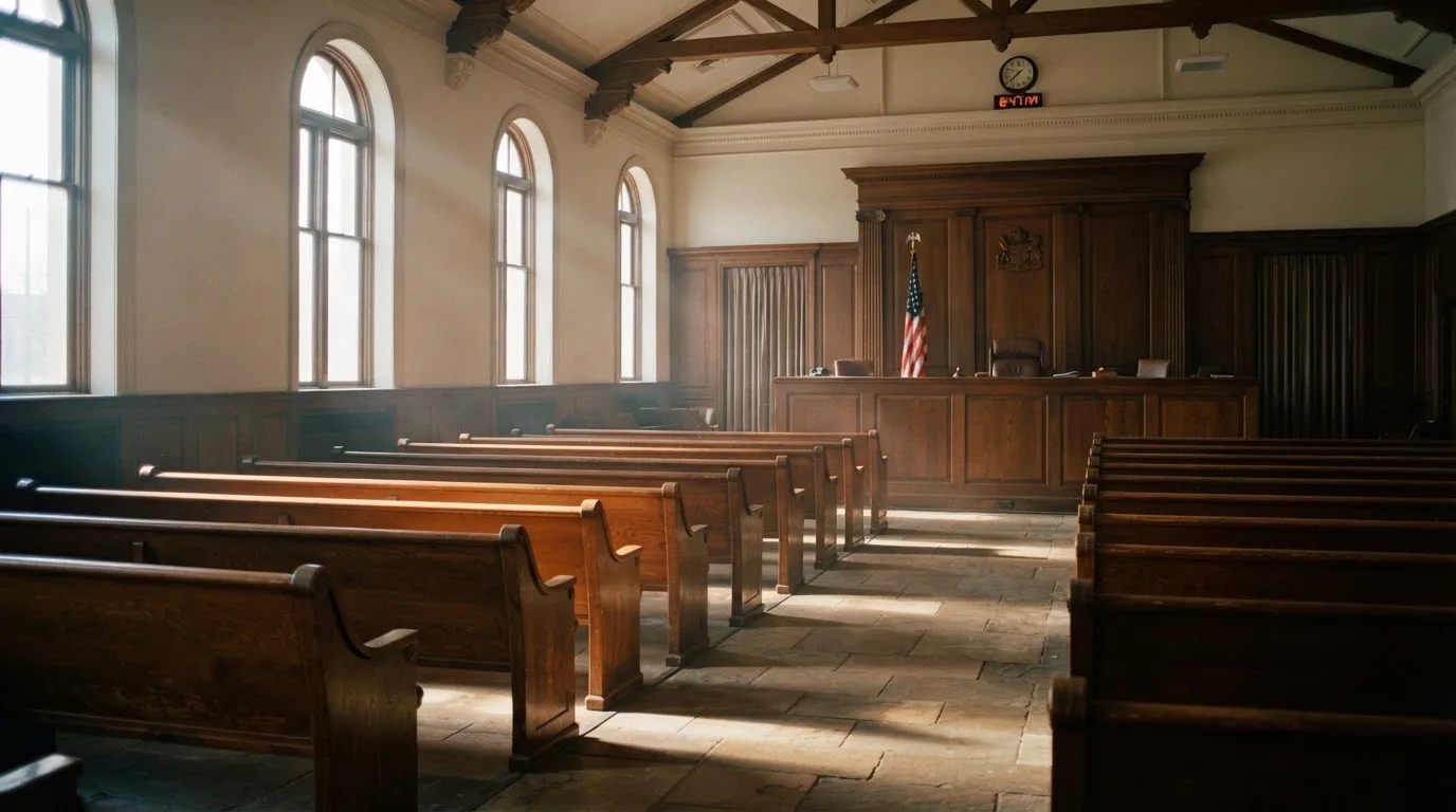 An empty courtroom with wooden benches in morning light