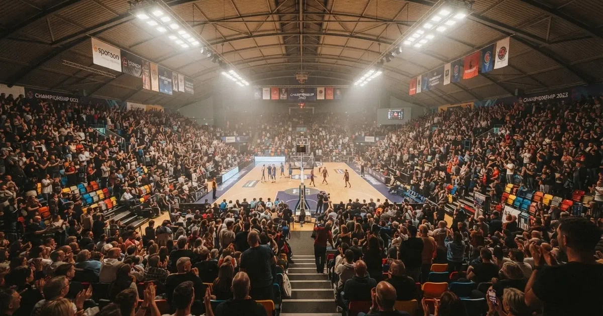 A packed sports hall under floodlights photographed from a long way off