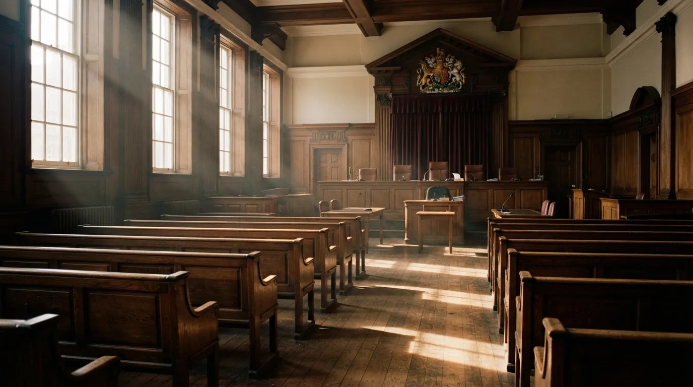 An empty courtroom with wooden benches in morning light
