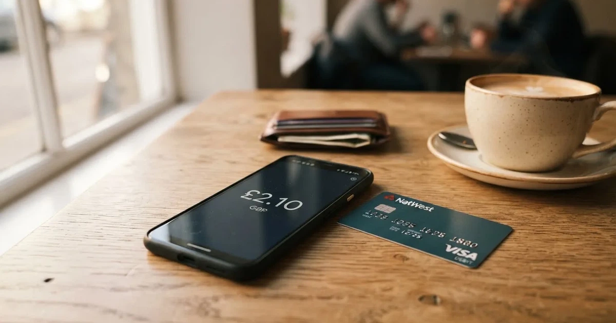 A smartphone on a wooden table beside a wallet and a coffee cup
