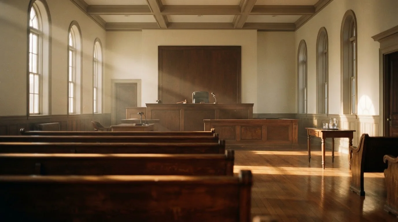 An empty courtroom with wooden benches in morning light