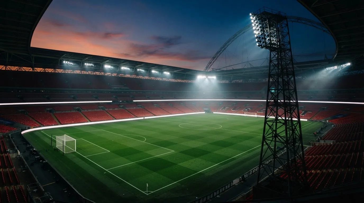 An empty football stadium with floodlight masts at dusk