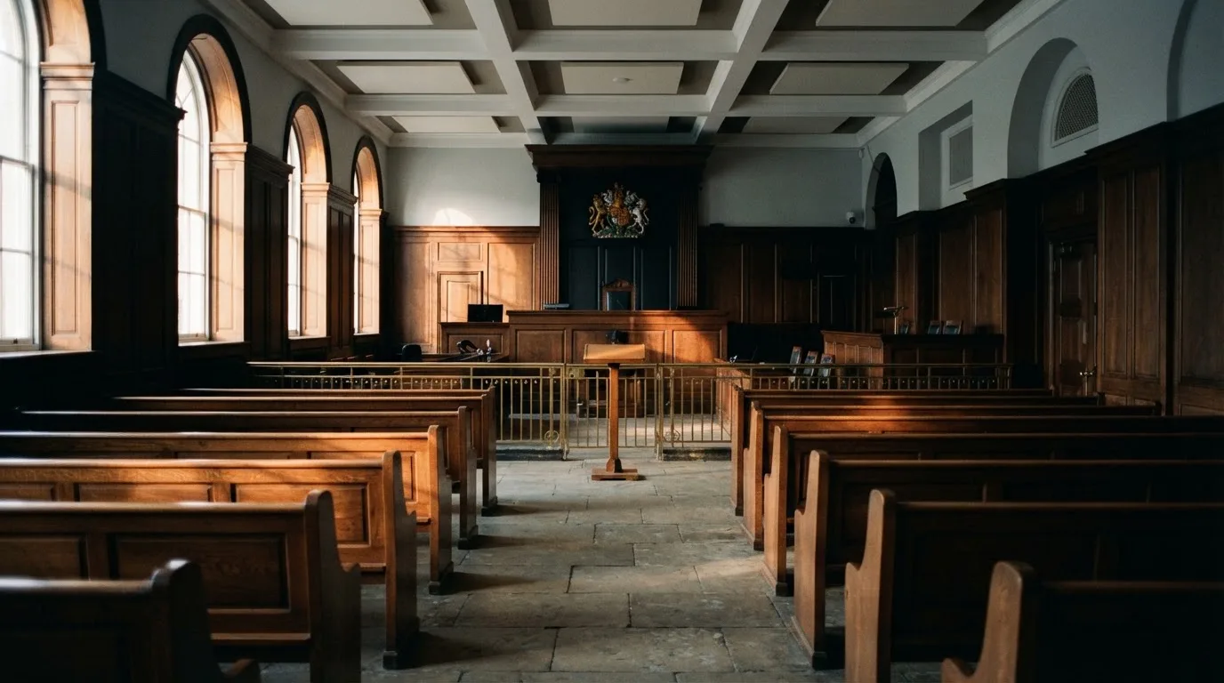 An empty courtroom with wooden benches in morning light