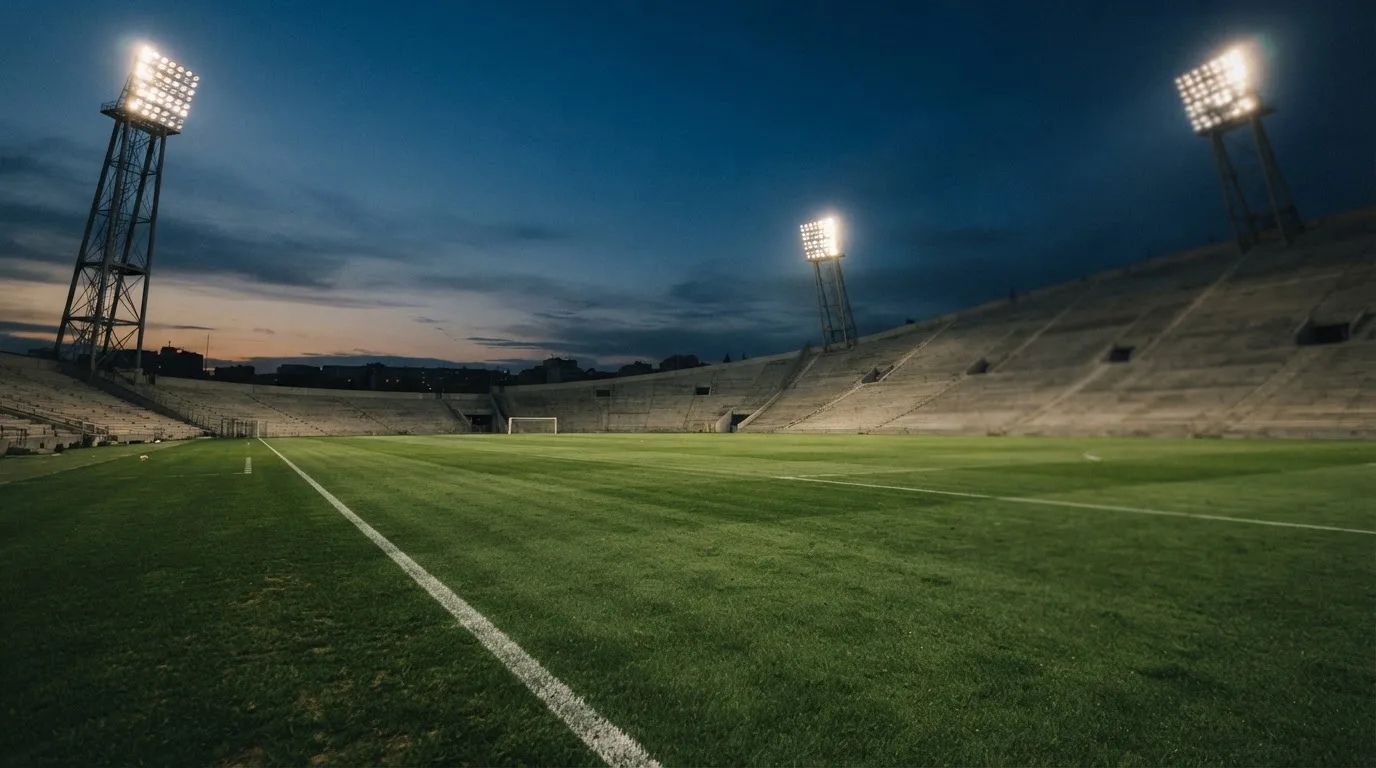 An empty football stadium with floodlight masts at dusk