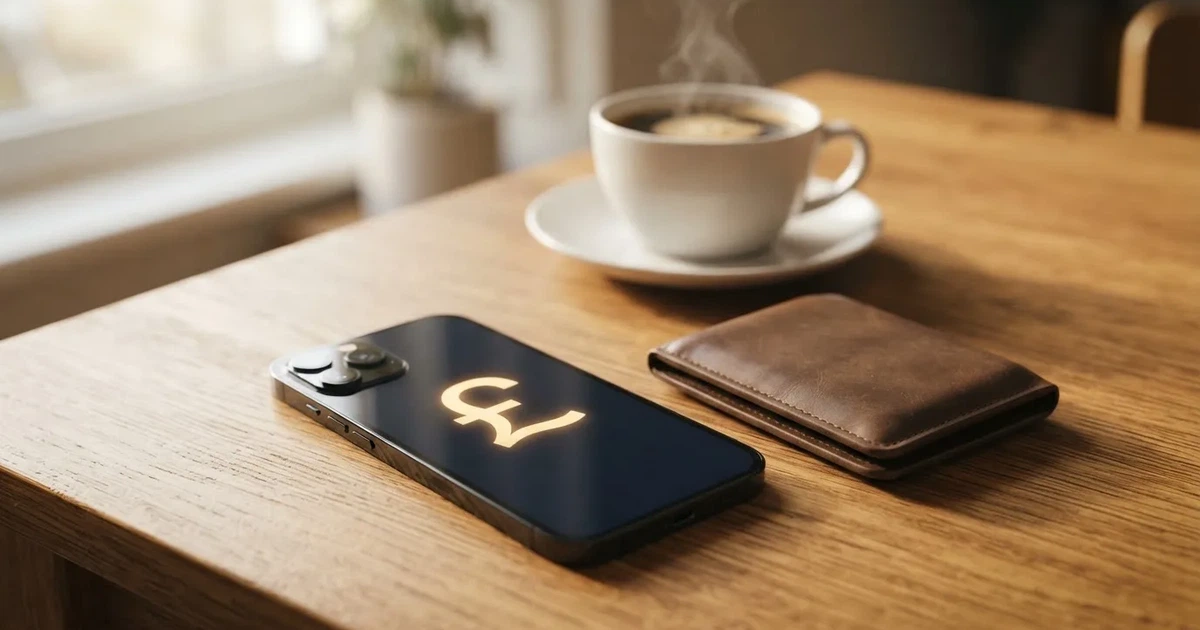A smartphone on a wooden table beside a wallet and a coffee cup