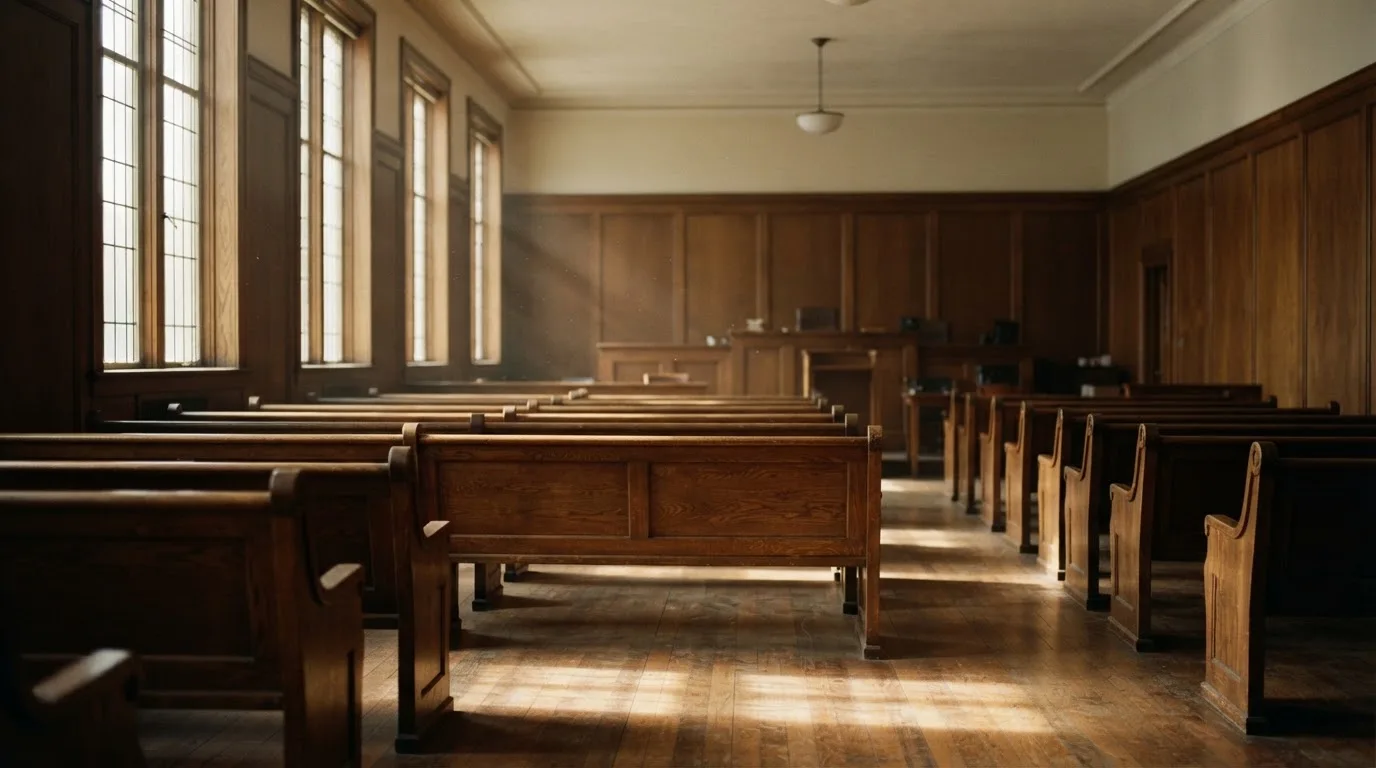 An empty courtroom with wooden benches in morning light