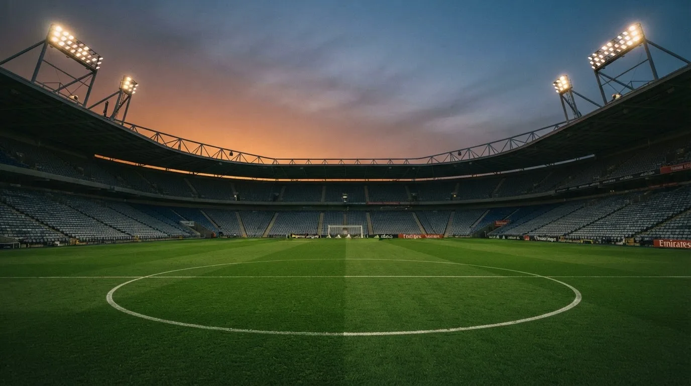 An empty football stadium with floodlight masts at dusk