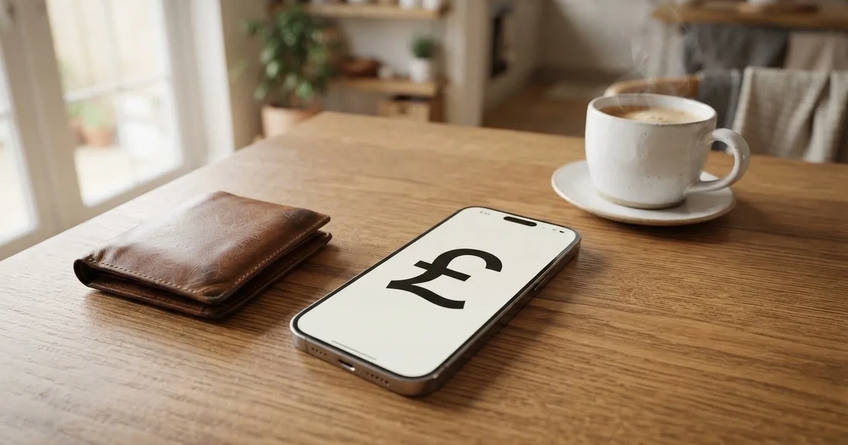 A smartphone on a wooden table beside a wallet and a coffee cup
