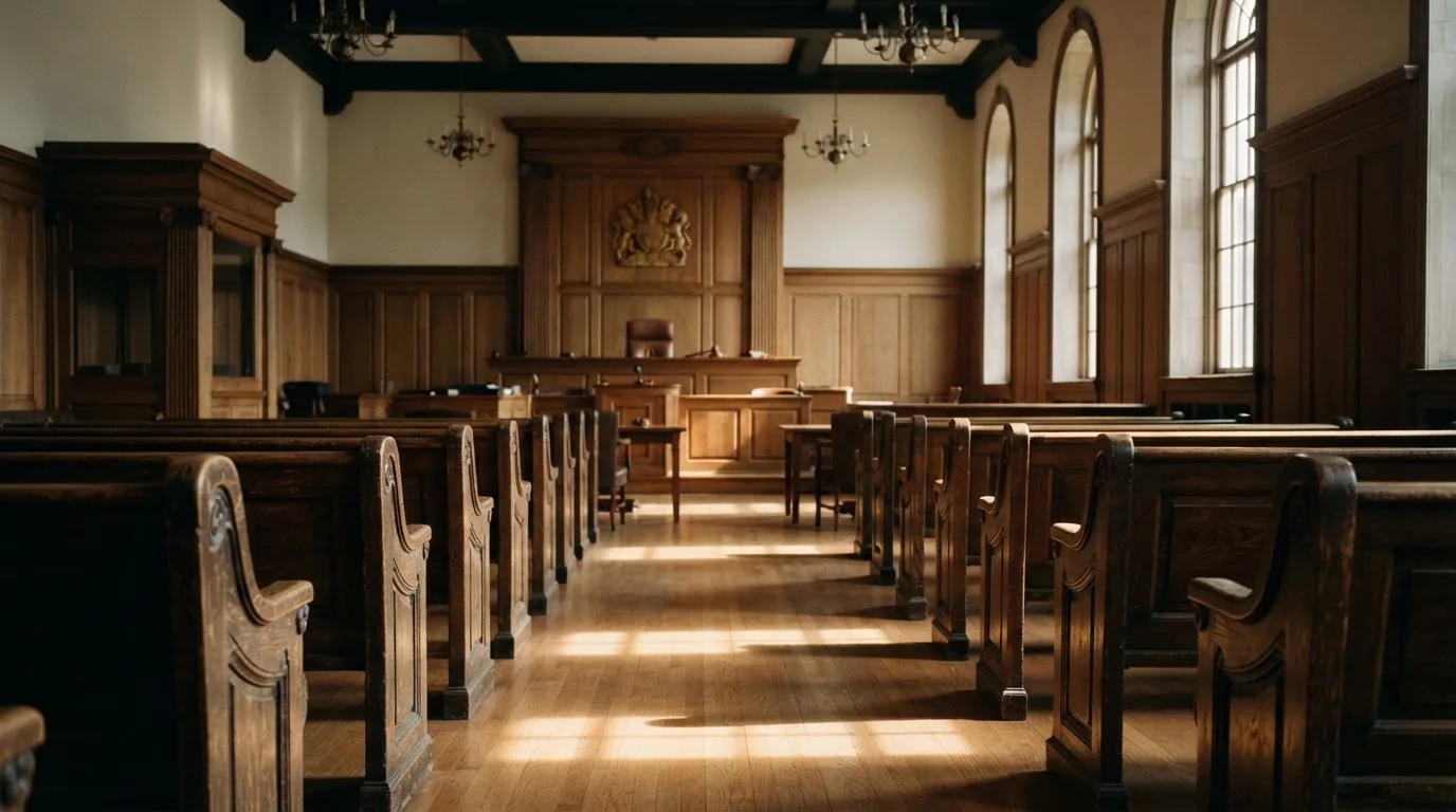 An empty courtroom with wooden benches in morning light