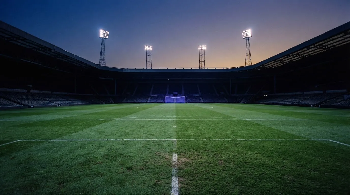 An empty football stadium with floodlight masts at dusk