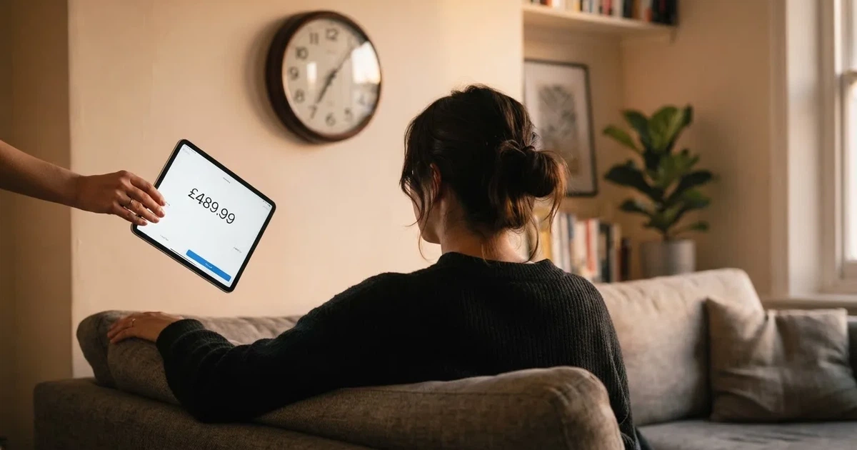A person on a sofa looking thoughtfully at a tablet, a wall clock in the background